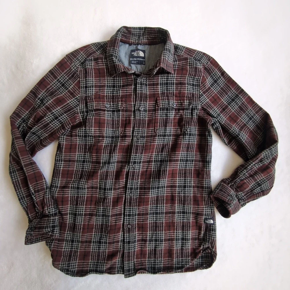 The North Face Flannel Shirt Mens Large Burgundy Plaid Long Sleeve Button Down